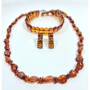 Baltic Amber Beaded Necklace Sterling Silver Earring Stretch Bracelet Parure Set